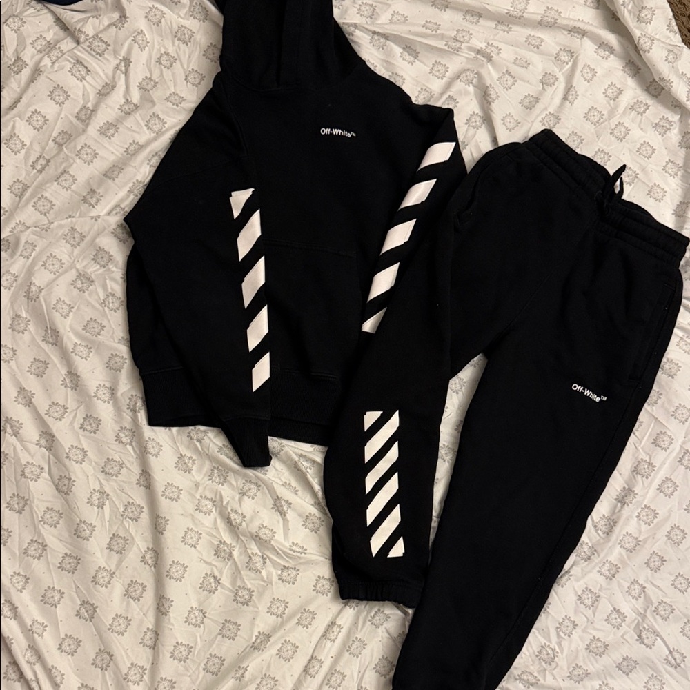Off-White Kids Black Joggers and hoodie with White Stripes